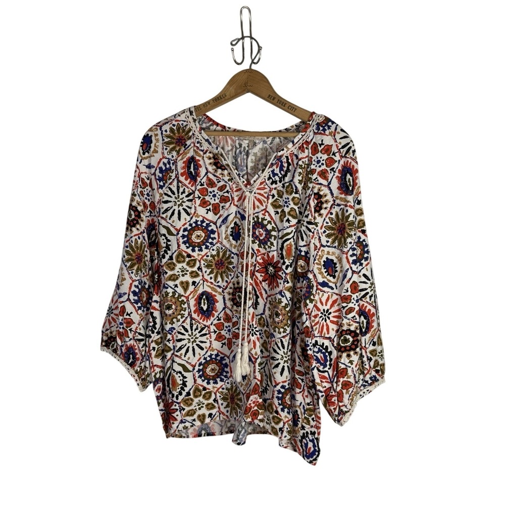 Vivilli Bohemian Medallion Print Peasant Top Short Sleeve Tassel Tie Size XL